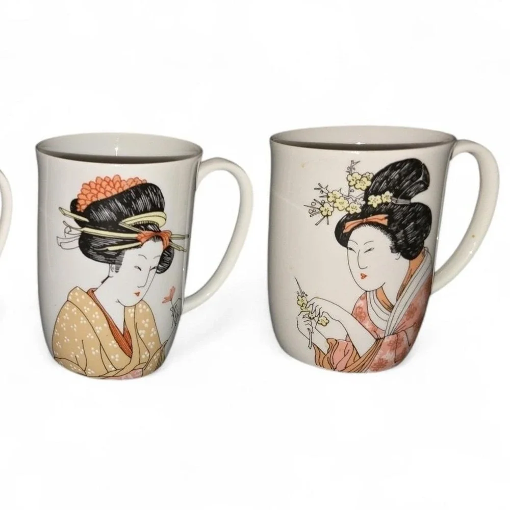 Set of 4 Fitz and Floyd Japanese Geisha Mugs Beautiful Porcelain Coffee Tea Cups